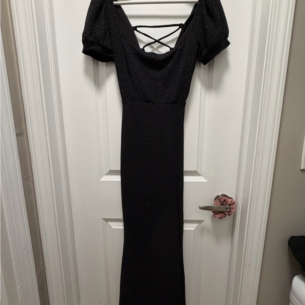 Black Glitter Prom Dress Puff Sleeve Lace Up Back Maxi Formal Gown [S]